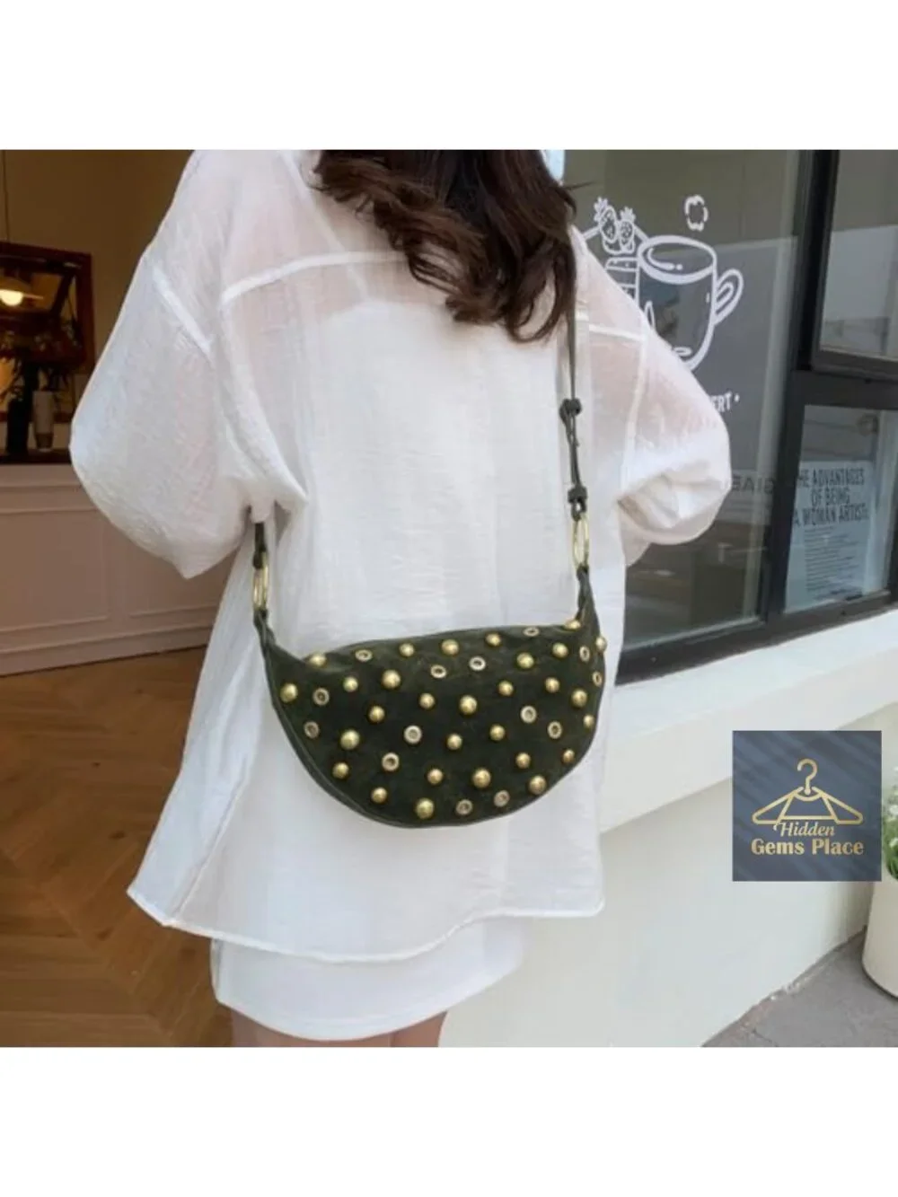 Studded Hobo Crescent Bag Y2K Shoulder Bag Faux Suede Purse for Women